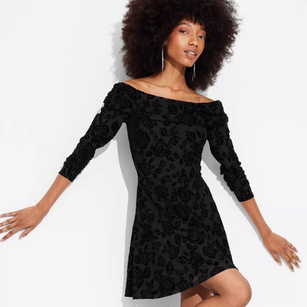 NEW Wild Fable Women's Long Sleeve Flocked Mini Fit and Flare Dress Black